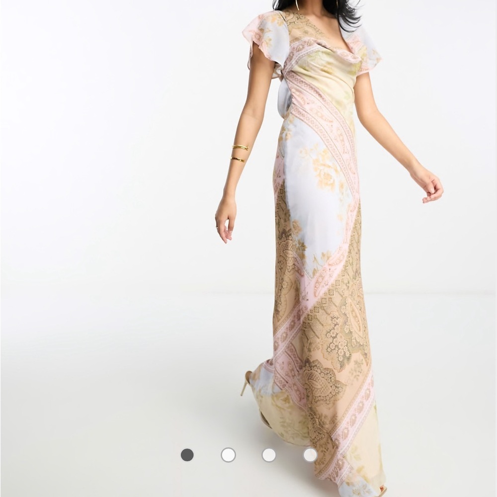 Flutter sleeve cowl neck maxi dress in vintage floral print